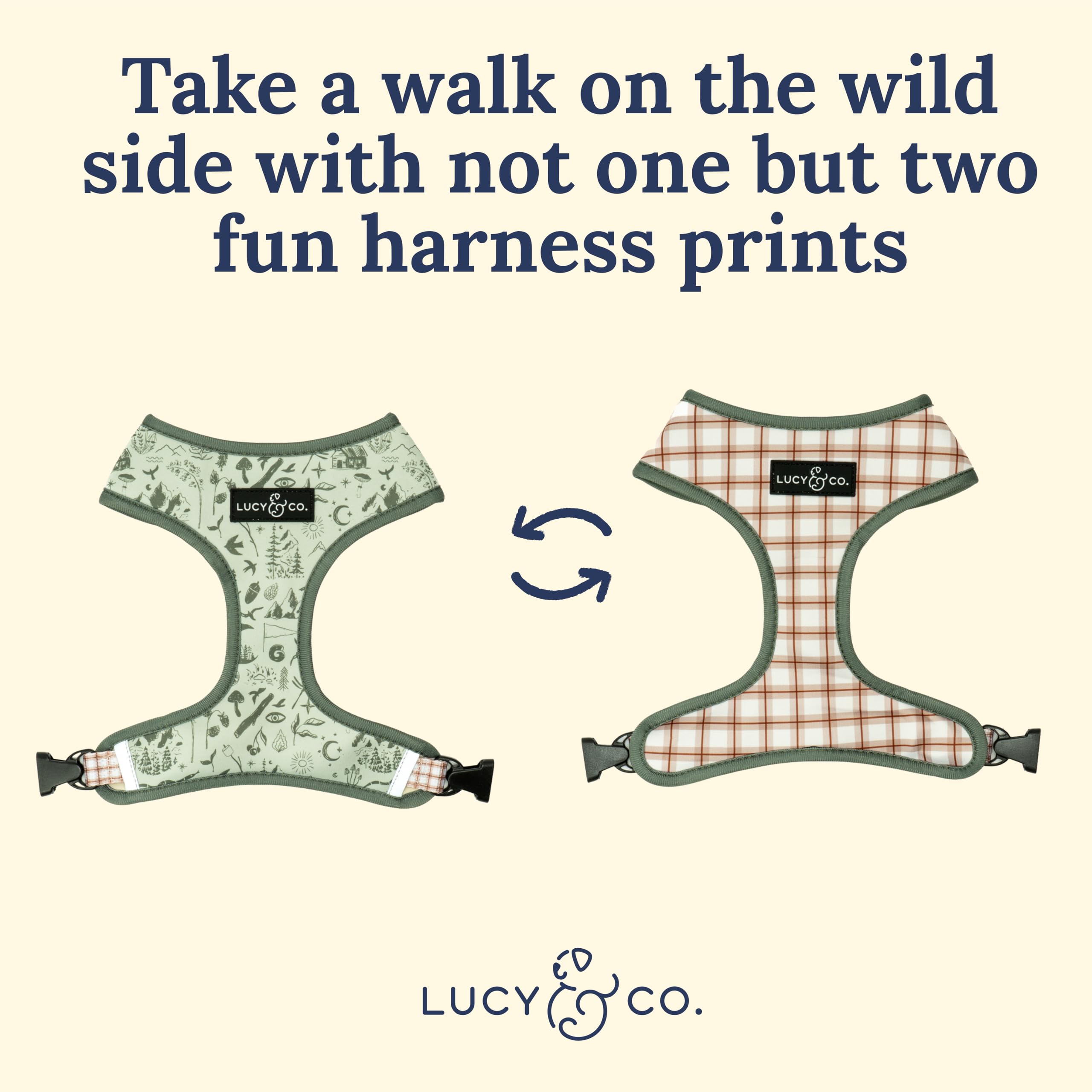 Lucy & Co. Reversible Dog Harness - Water-Repellent Neoprene, Dual-Print Design, Easy Swap Style, Adjustable Comfort Fit - Camp Out Reversible Harness - Medium