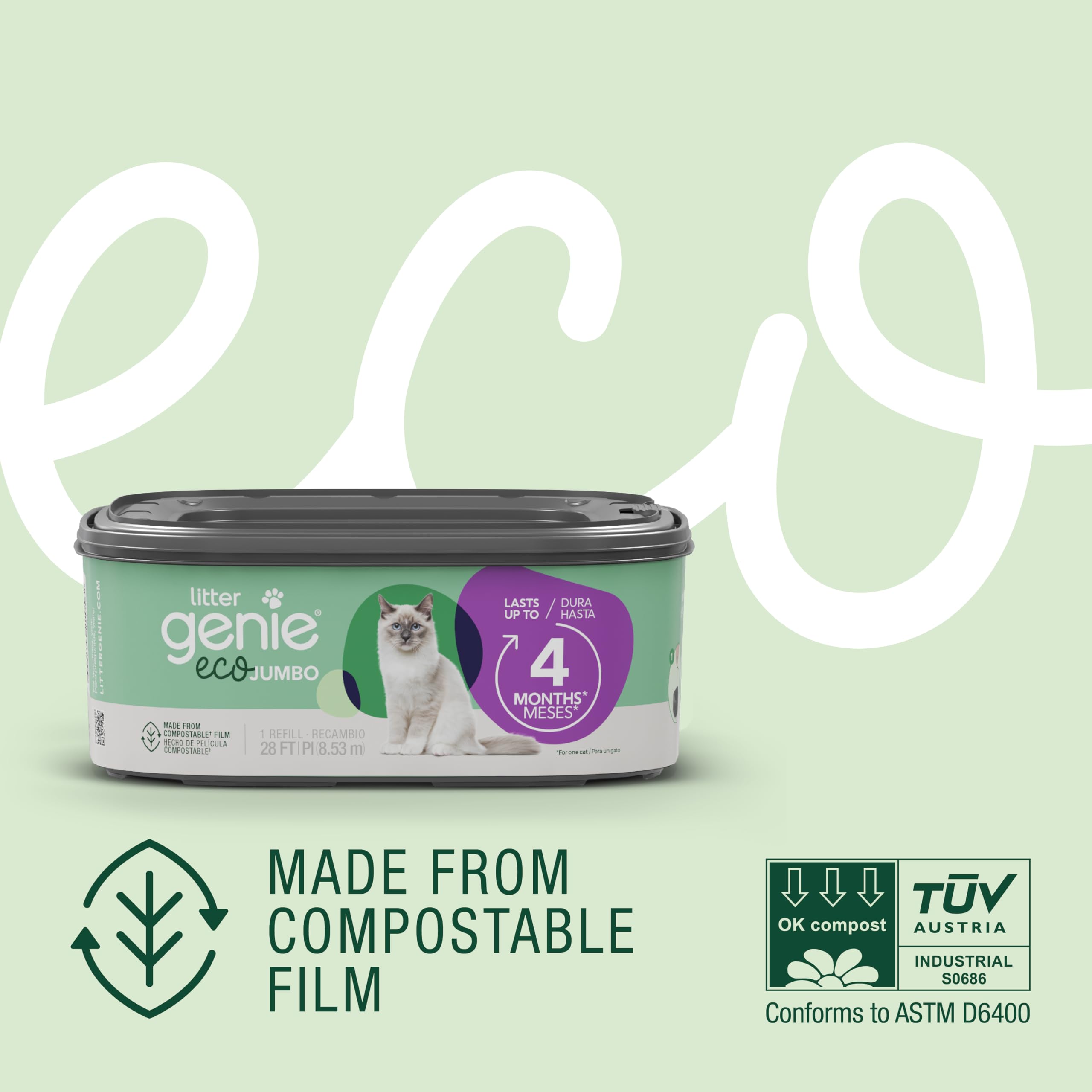 Litter Genie Eco Jumbo Refill Bags, 1-Pack, 28 ft of Compostable Film