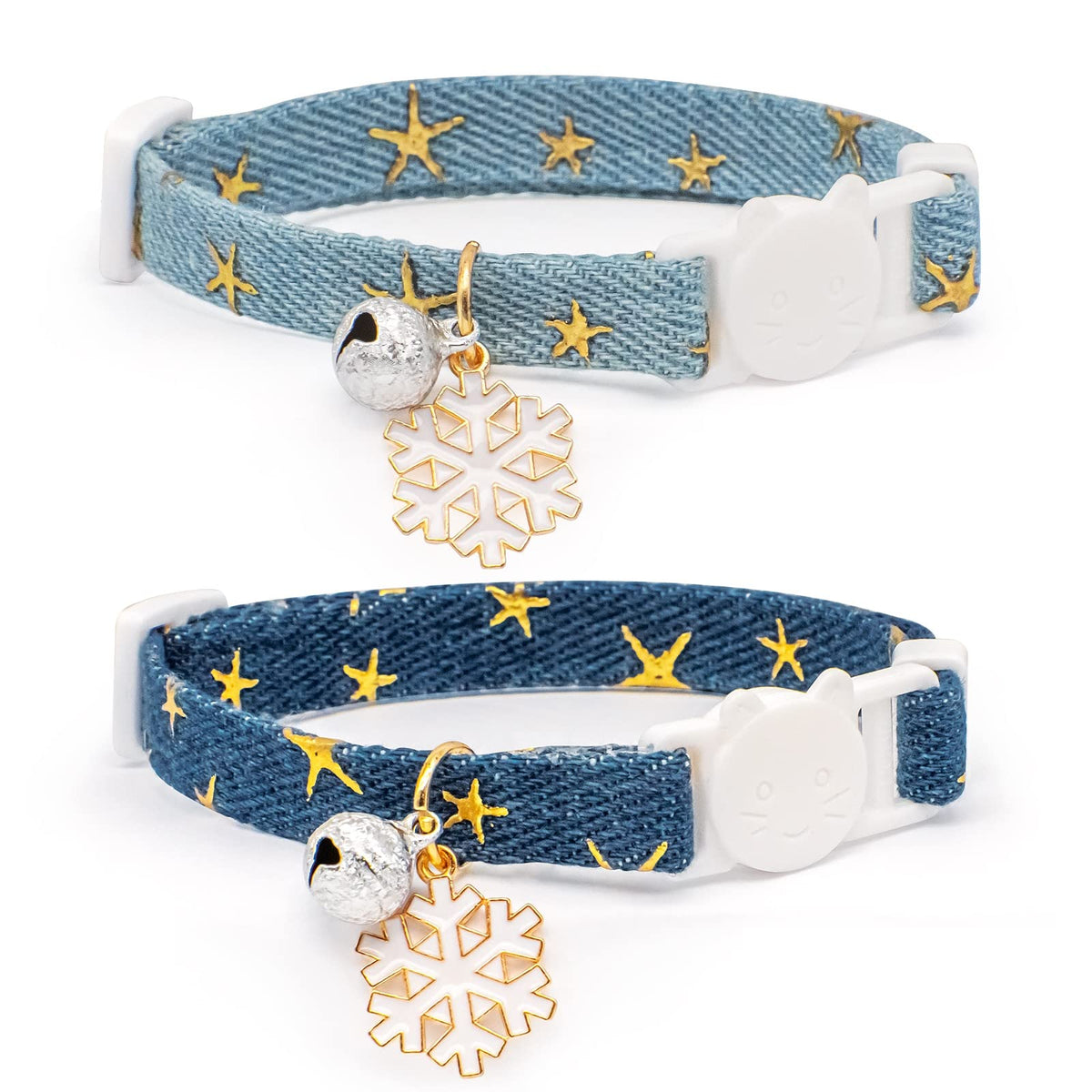 2 Pack Cotton Breakaway Cat Collar with Bell Dark Blue & Light Blue White Snowflake Pendant Cute Kitten Cat Collar Suitable for Girls and Boys