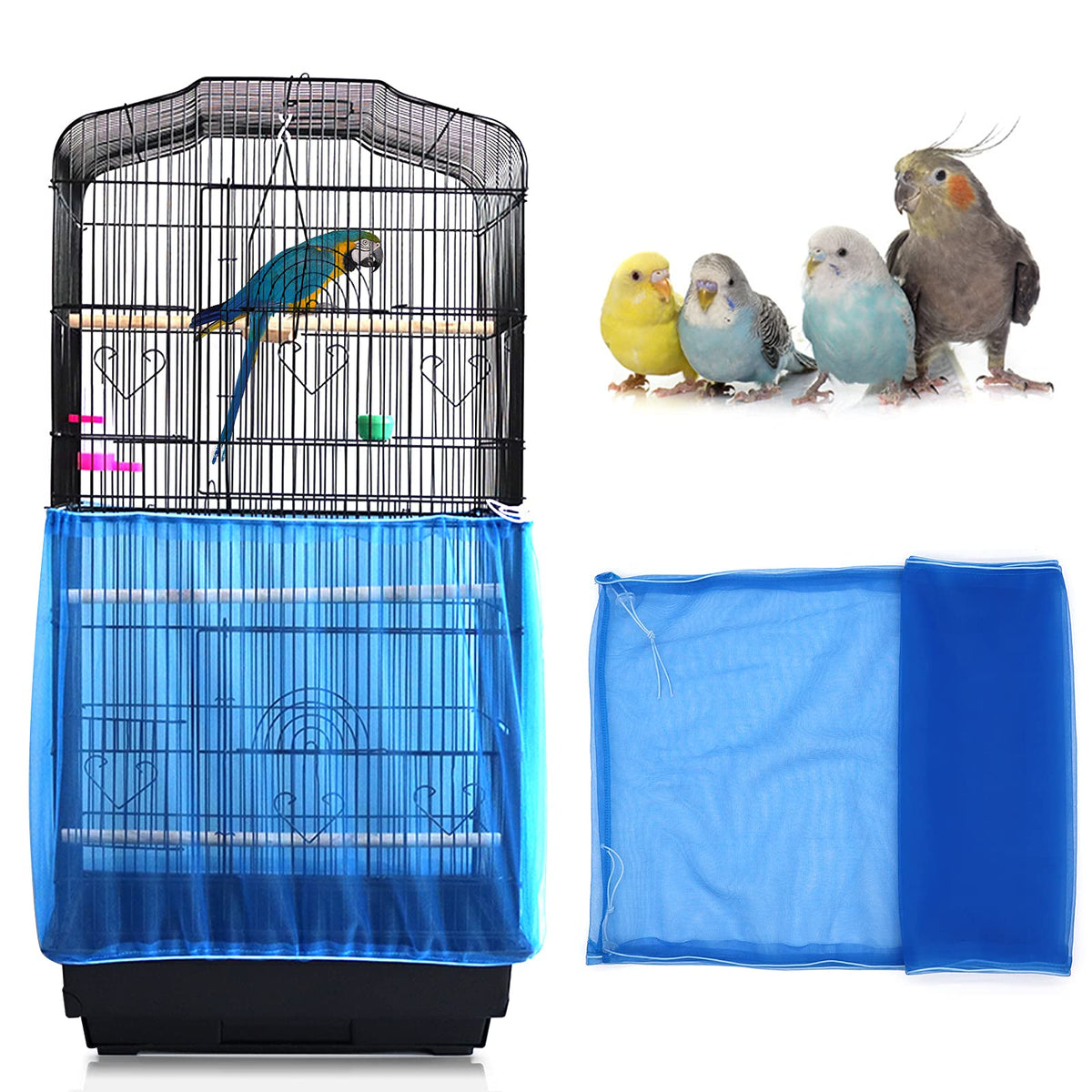 Daoeny Universal Bird Cage Cover, Adjustable Parrot Nylon Airy Soft Mesh Net, Seed Feather Catcher, Birdcage Cover Skirt Sheer Guard for Parakeet Macaw Round Square Cages (White)