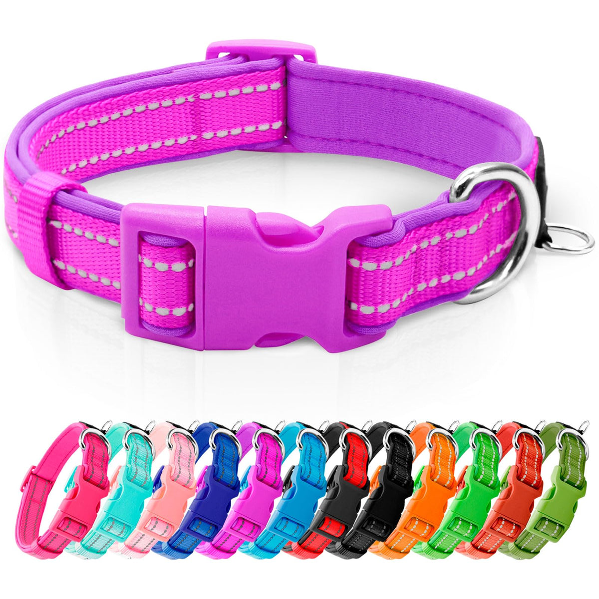 azuza Reflective Dog Collar, Neoprene Padded Puppy Collar, Hot Pink, XS