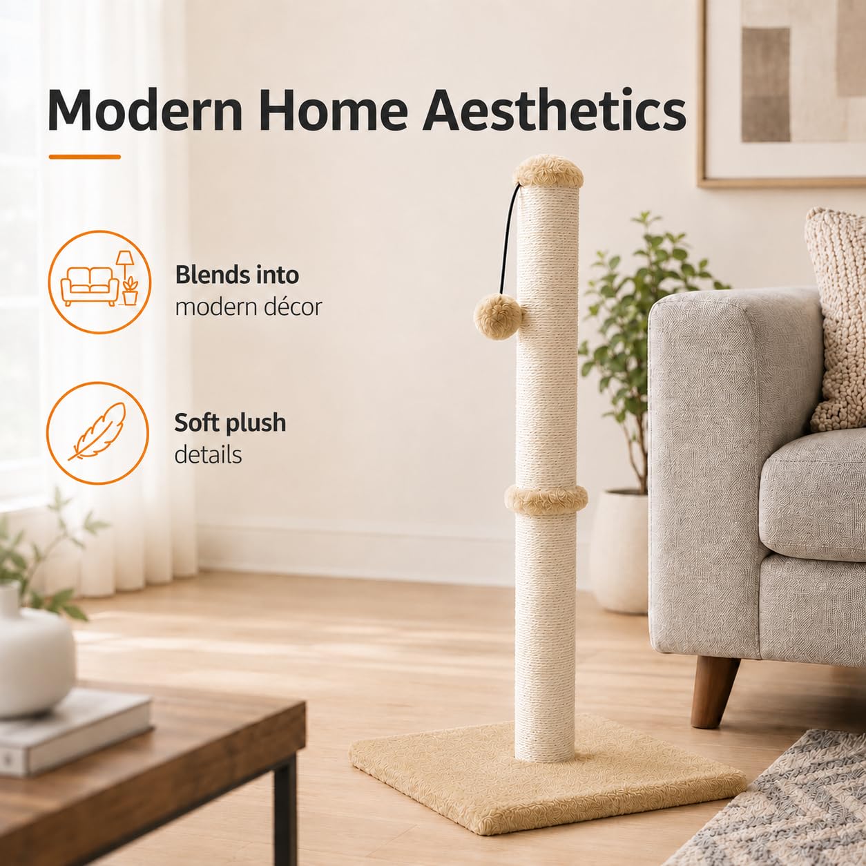 Dimaka 29" Height Tall Cat Scratching Post, Claw Scratcher with Sisal Rope and Covered with Soft Smooth Plush, Vertical Scratch [Full Strectch] for Standard Size Cats (Light Brown, 29 inches)