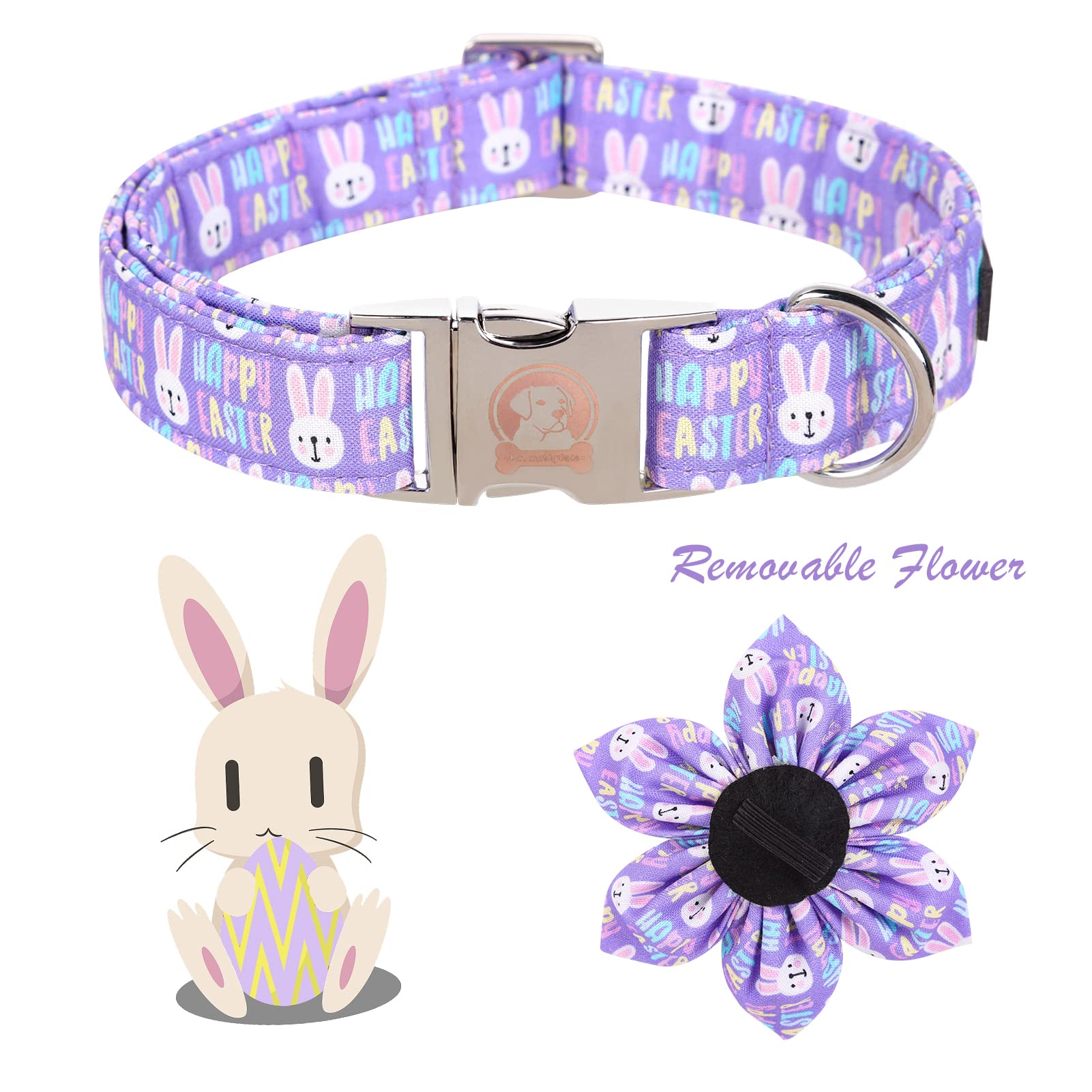 MR. CHUBBYFACE· Easter Dog Collar, Purple Rabbit Pet Collar with Flower, Adjustable Puppy Collar Bowtie for Small Medium Large Dogs