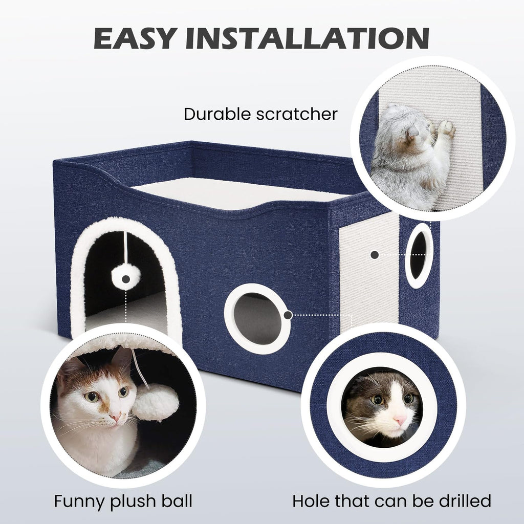 Heeyoo Cat House for Indoor Cats - Large Cat Bed Cave with Fluffy Ball and Scratch Pad, Foldable Cats Houses & Condos, Cat Hideaway, Covered Kitty Bed for Multi Small Large Kitty, 23.8x15.9x13.2 Inch