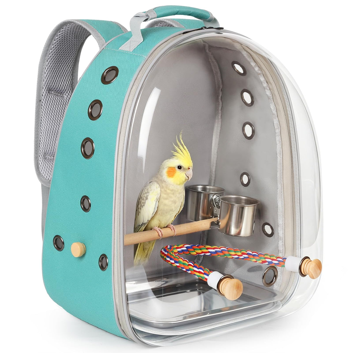 Bird Traval Carrier Cage, Clear Space Capsule Astronaut Backpack to Carry Parakeet Cockatiel Parrot with Metal Tray Wood Perch Bird Feeder, Vet Transport School Bag