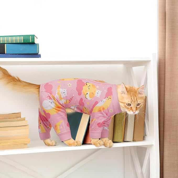 PUMYPOREITY Cat Hair Sticky Sweater, Stretchy 4-Leg Design for Fur Control, Recovery Suit - Breathable & Lightweight for Post-Surgery Protection, Cat Onsie Prevents Licking Wounds, Pink, 2XL