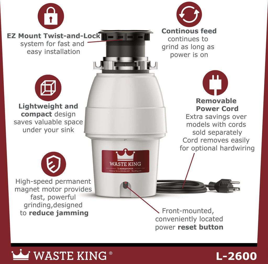 Moen L-2600 Waste King 1/2 HP Continuous Feed Garbage Disposal with Power Cord