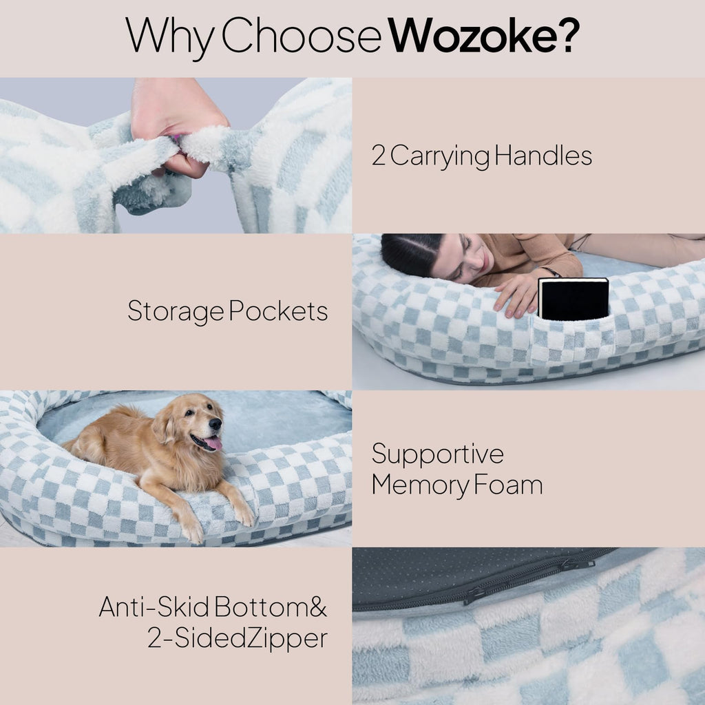 WOZOKE Human Dog Bed 74x50, Memory Foam Waterproof Liner Lounger,Blue Grid