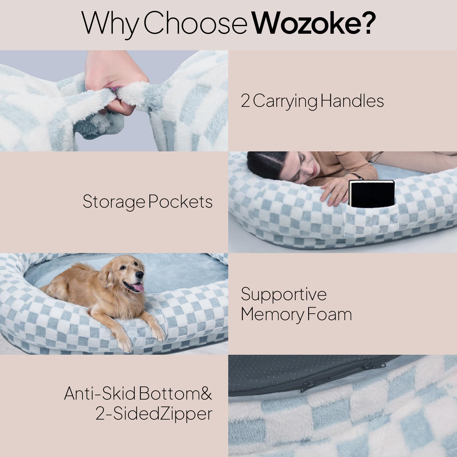 WOZOKE Human Dog Bed 74x50, Memory Foam Waterproof Liner Lounger,Blue Grid