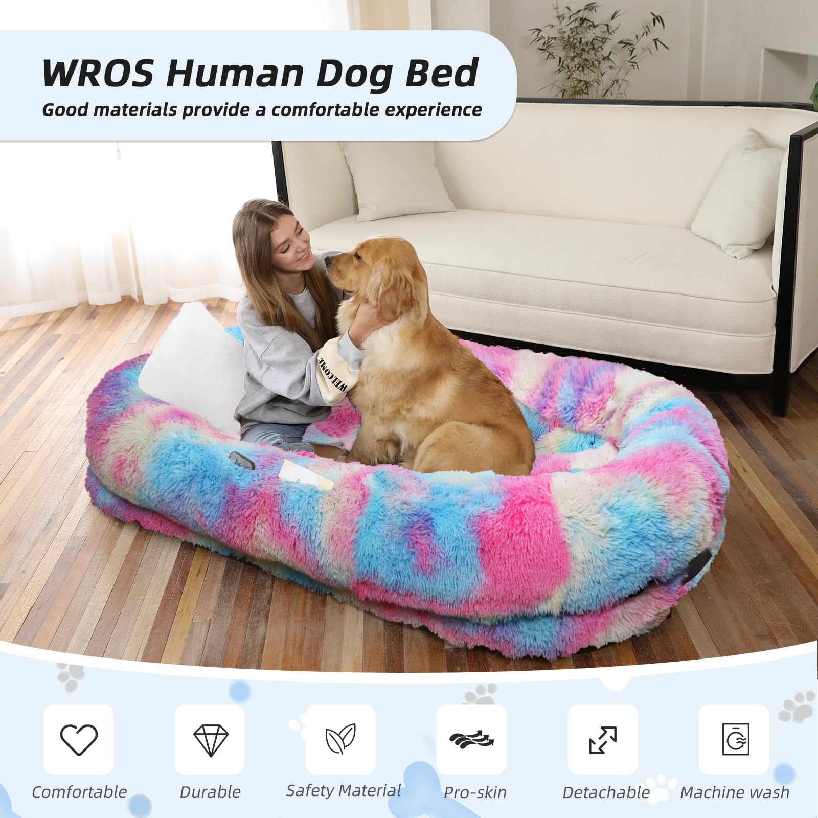 WROS Human Dog Bed, 71"x45"x12" Size Fits You and Pets, Washable Faux Fur Pet Bed for People Doze Off, Napping Orthopedic Dog Bed, Present Plump Pillow, Blanket, Strap - Rainbow
