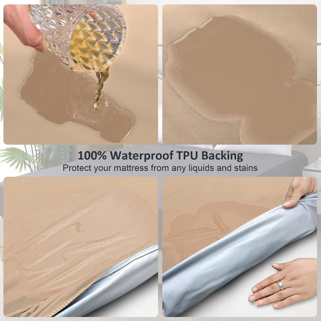 Waterproof Mattress Protector Queen, Fitted Sheet Style Breathable Mattress Cover with Deep Pocket Fits Up to 18'', Noiseless Bed Cover for Kids Adults Pets, Machine Washable (Light Tan, 60'' X 80'')