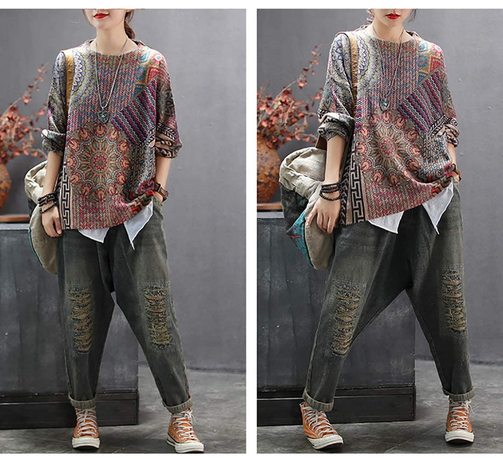 YESNO Women Sweater Graphic Oversized Pullover Sweaters Casual Loose Long Sleeve Knit Tops 2XL S01 CR27