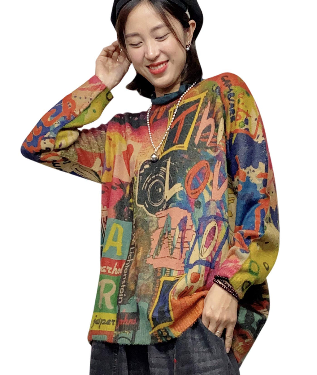 YESNO Women Ugly Christmas Sweater Graphic Printed Oversized Pullover Sweaters Casual Loose Knit Tops L S01 CR102