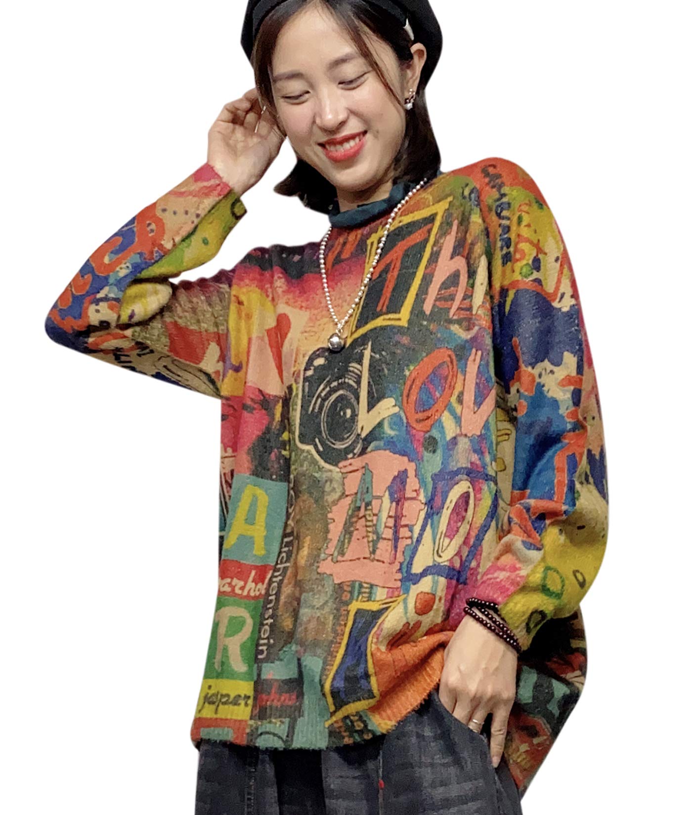 YESNO Women Ugly Christmas Sweater Graphic Printed Oversized Pullover Sweaters Casual Loose Knit Tops L S01 CR102