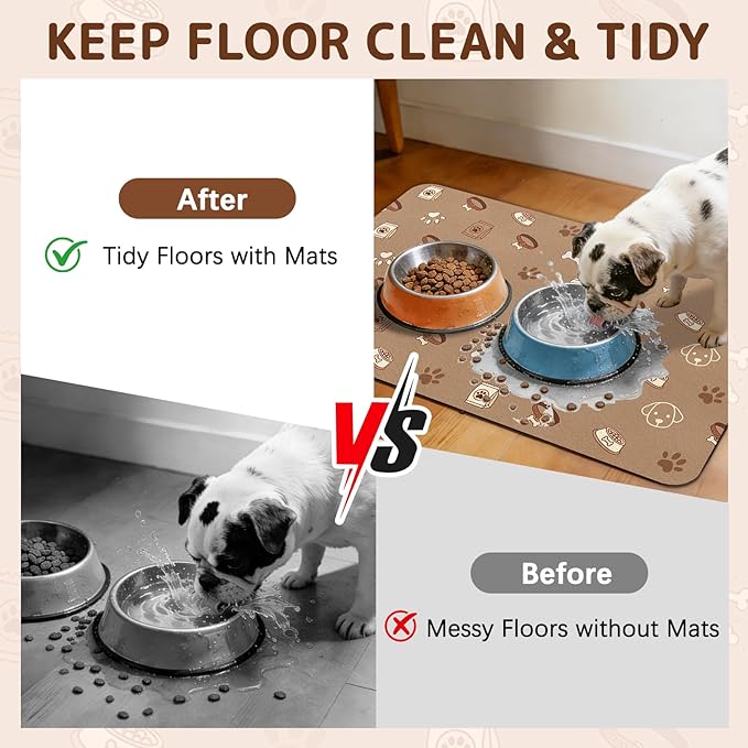 Dog Food Mat for Bowls, Absorbent Quick Dry Dog Cat Mats for Food and Water, Non-Slip Backing Pet Mat Pet Supplies - Bone Pattern