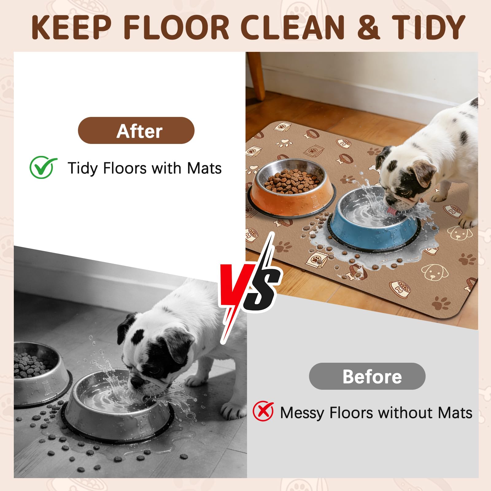 Dog Food Mat for Bowls, Absorbent Quick Dry Dog Cat Mats for Food and Water, Non-Slip Backing Pet Mat Pet Supplies - Bone Pattern