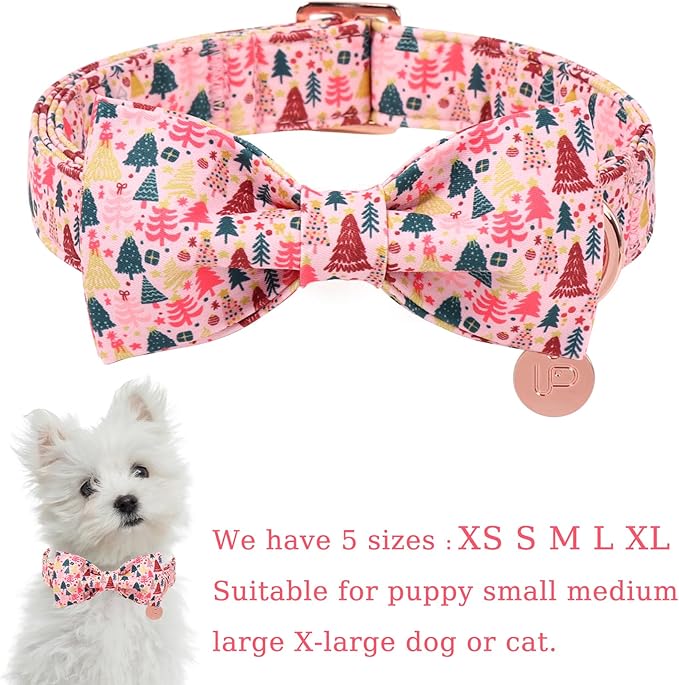 UP URARA PUP Christmas Dog Collar with Bow Tie, Pink Christmas Tree Collars for Dogs, Adjustable Pet Collar with Cute Xmas Tree Pendant, Winter Dog Accessories for Small Medium Large Dogs S