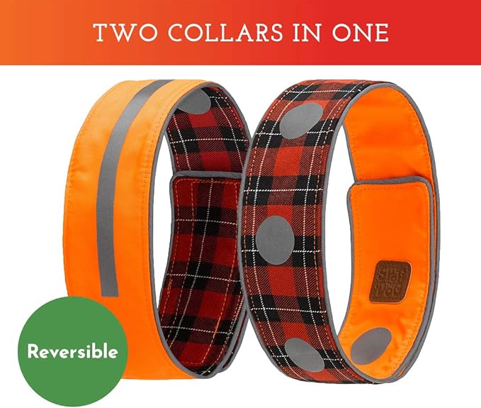 SPOT THE DOG! Reflective Dog Collar - Reversible High Visibility Safety Dog Accessories, Pet Collars, Fluorescent Dog Apparel for Walking, Hiking, Camping, Hunting (Blaze Orange, Red Plaid, XL)