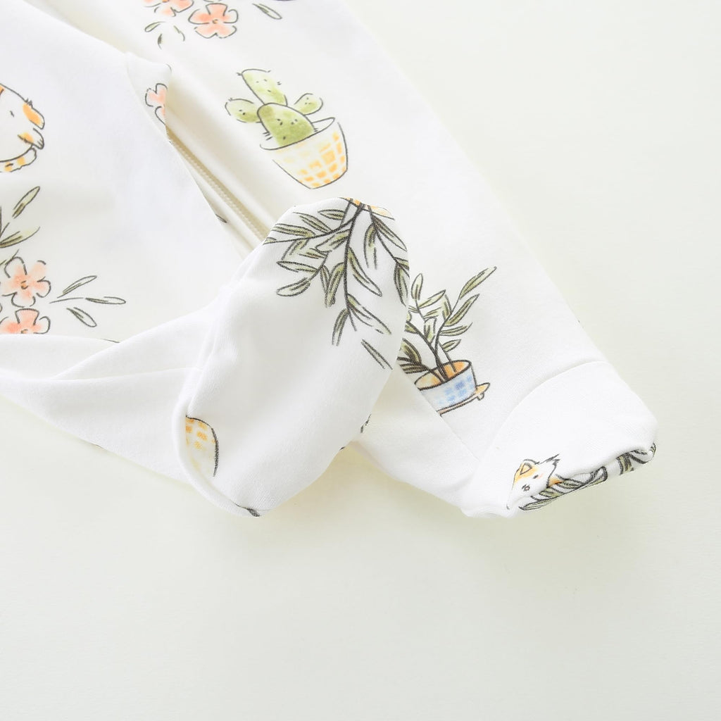 Baby Cotton Romper Boys Girls 2 Way Zip Up Long Sleeve Onesie Infant Outfits 3-6 Months Plant and Cat