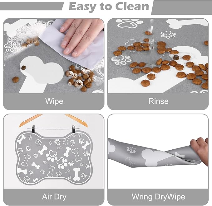 Dog Cat Food Mat,Rapid Absorbent Pet Feeding Mat, Bone Shaped Dog Placemat Water Bowl Mat with Rubber Backing,No Stains Dog Cat Food Mats Indoor, Pet Accessories Supplies 23"x36" Grey
