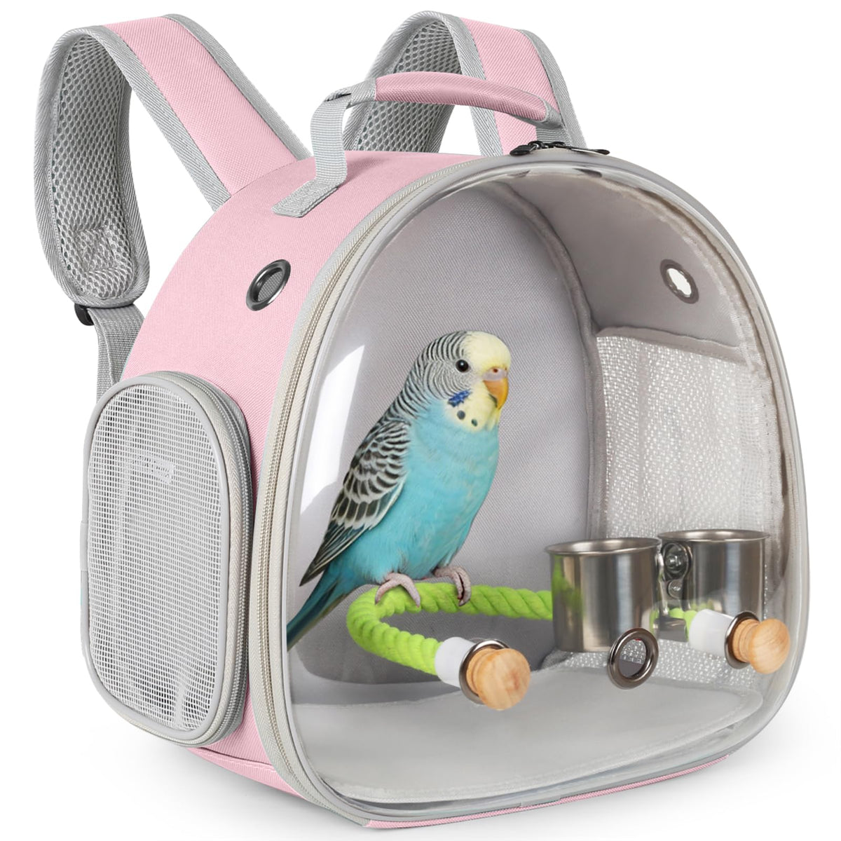 Small Bird Travel Backpack Carrier Cage, Backpack to Transport Backpack Carrier with Clamp Cups Stand Perch for Parakeet Cockatiel Budgies Vet Carry Book Bag Green