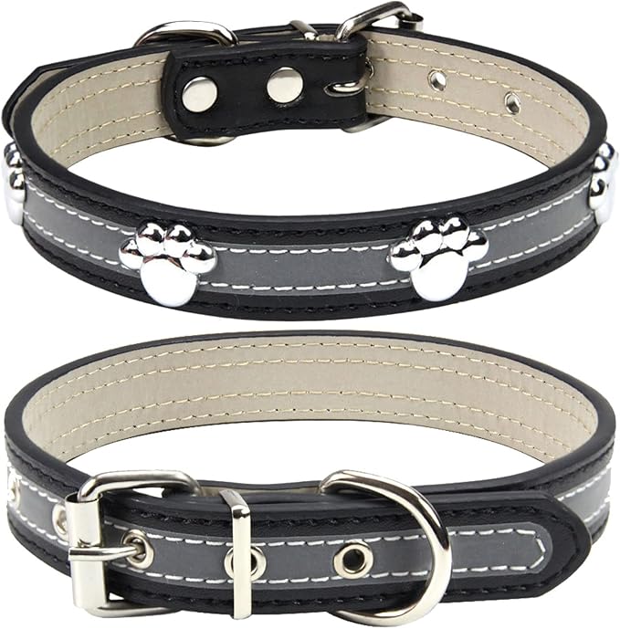 PETCARE Reflective Dog Collar with Cute Paw Rivet Studded Funny Soft PU Leather Adjustable Puppy Dog Collars for Small Medium Large Dogs Cats (Black,XX-Large)