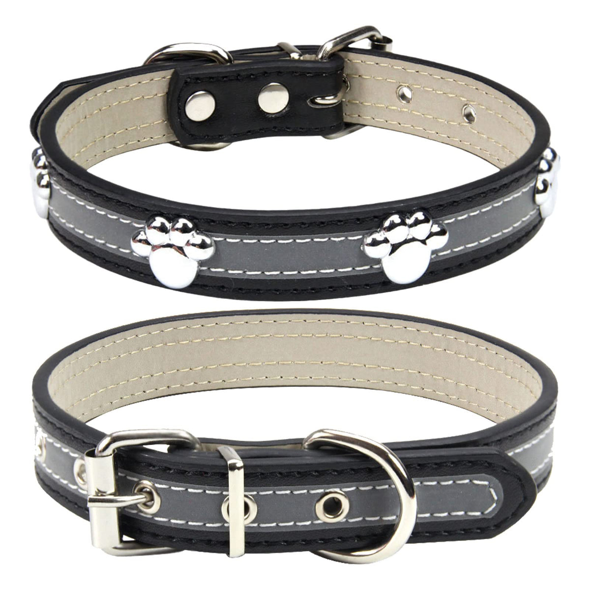 PETCARE Reflective Dog Collar with Cute Paw Rivet Studded Funny Soft PU Leather Adjustable Puppy Dog Collars for Small Medium Large Dogs Cats (Pink,Medium)