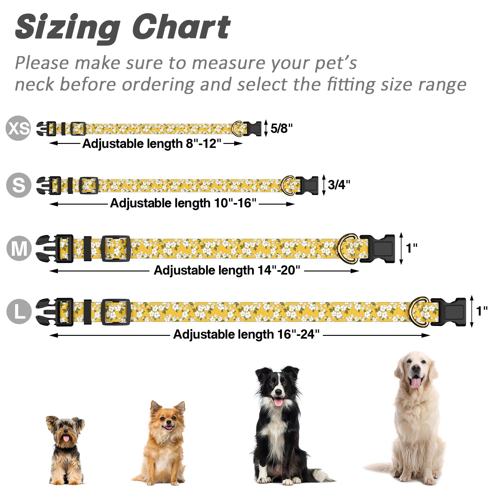 TMOODEL Reflective Adjustable Dog Collar for Medium Dogs, Yellow Flower, M