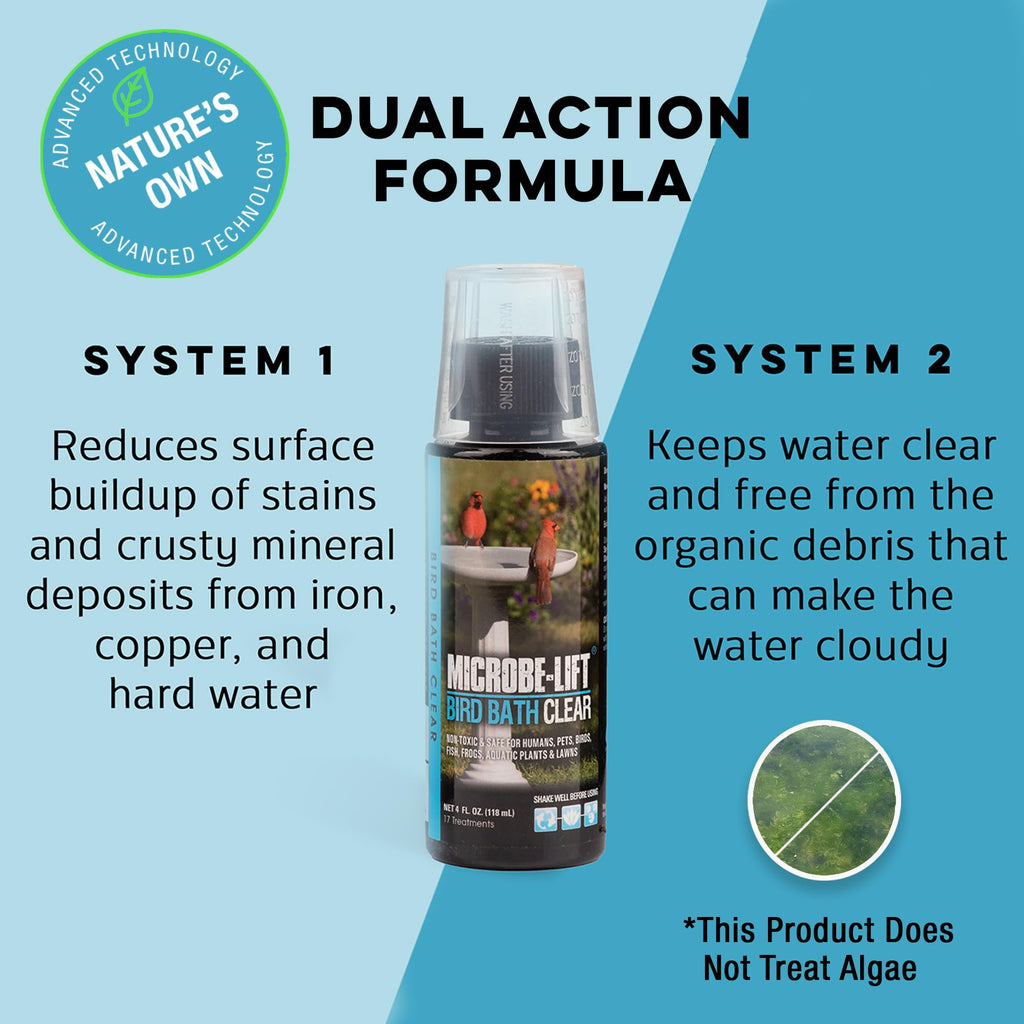 Microbe-Lift Bird Bath Clear Two-in-One Water Cleaner – 4 Oz – Safe for Birds, Fish & Frogs – Cleans Outdoor Birdbaths & Fountains – Natural Formula, Prevents Stains & Cloudiness