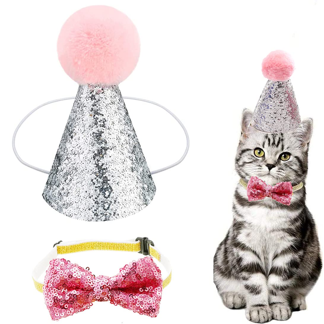 Christmas Pet Party Jazz Hat and Blingbling Bow Tie Breakaway Collar Set, Adjustable Headband for Kitten Puppy Small Dogs Cats (2/LB-Pink2)