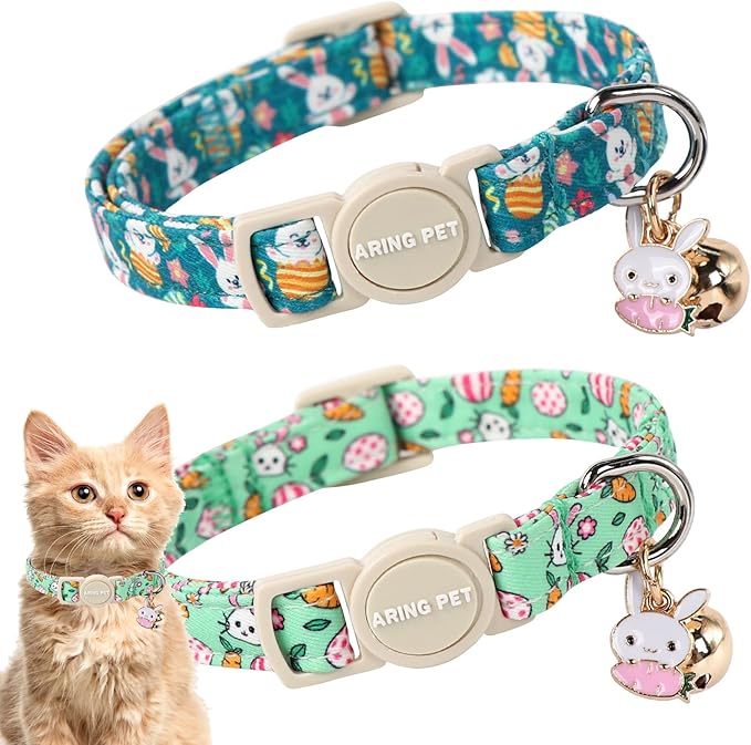 ARING PET 2 Pack Cat Collar, Christmas Breakaway Kitten Small Collars with Bells for Girl Boy Cats-Pink Reindeer Santa Claus & Green Xmas Tree