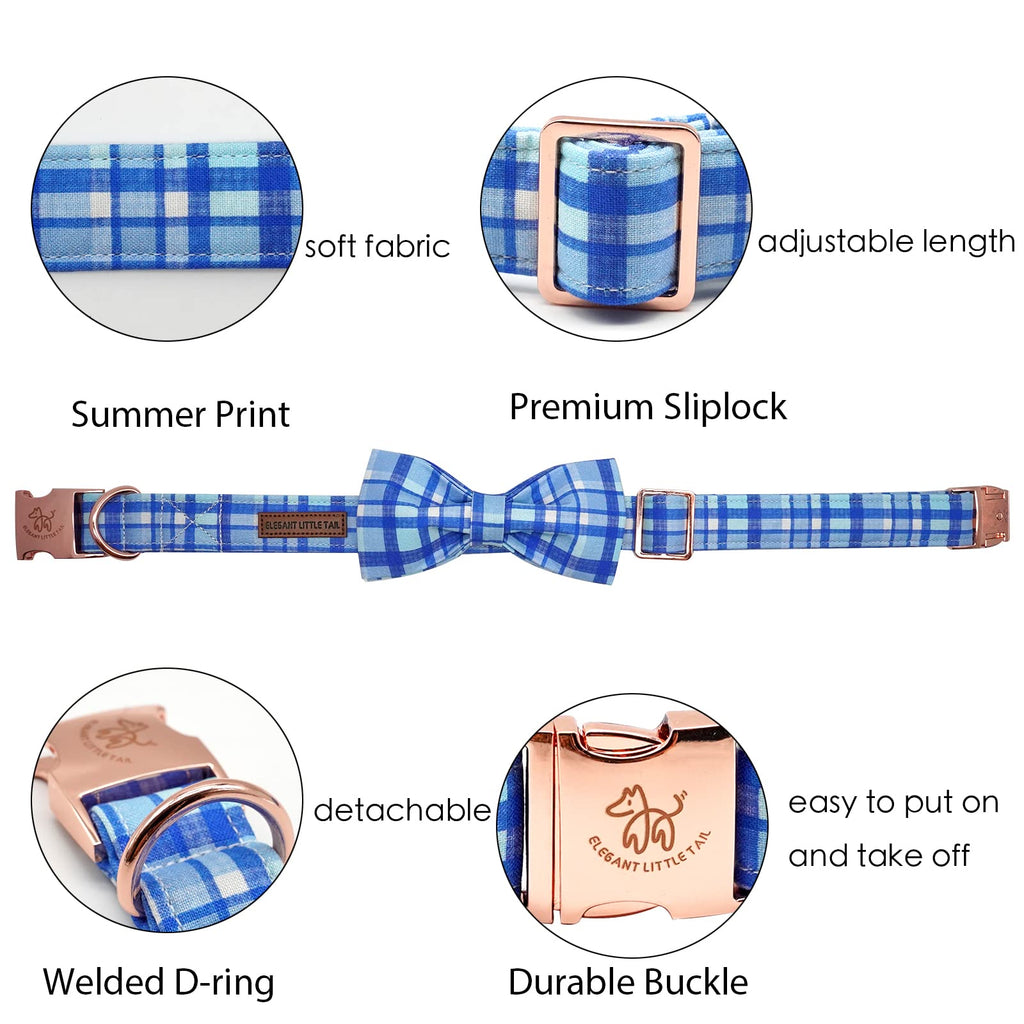 Elegant little tail Dog Collar with Bow - Blue Plaid Boy Dog Collar Cute Bowtie Pet Collar Adjustable Dog Collar for X-Small Puppy and Cat