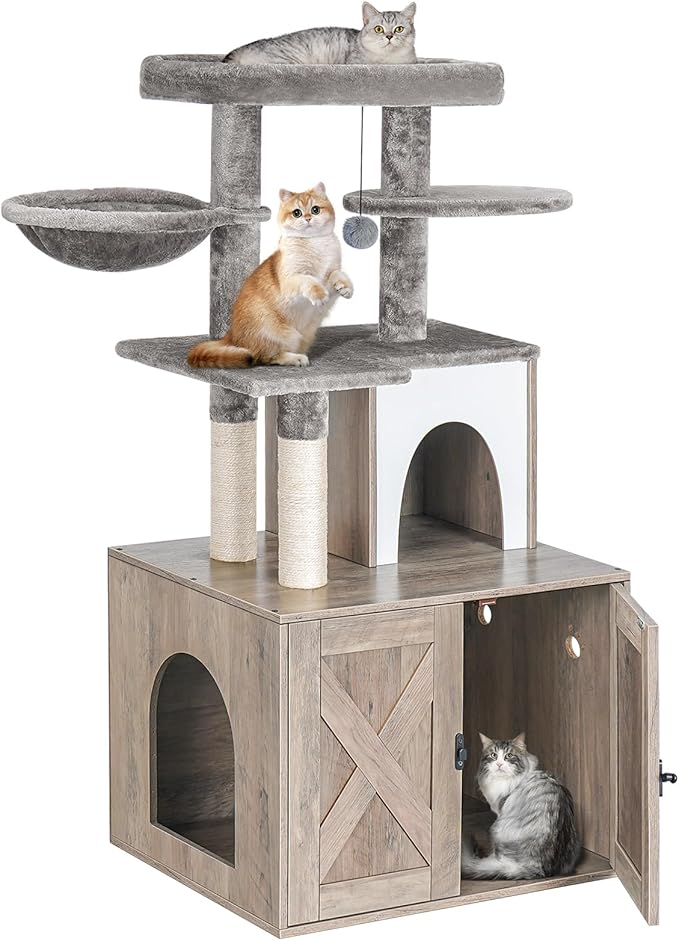 Snughome Cat Litter Box Enclosure with Cat Tree Tower and Condo, Hidden Washroom Furniture with Sisal Scratching Post and Soft Plush Perch, Wooden Cat Furniture with Multiple Platforms