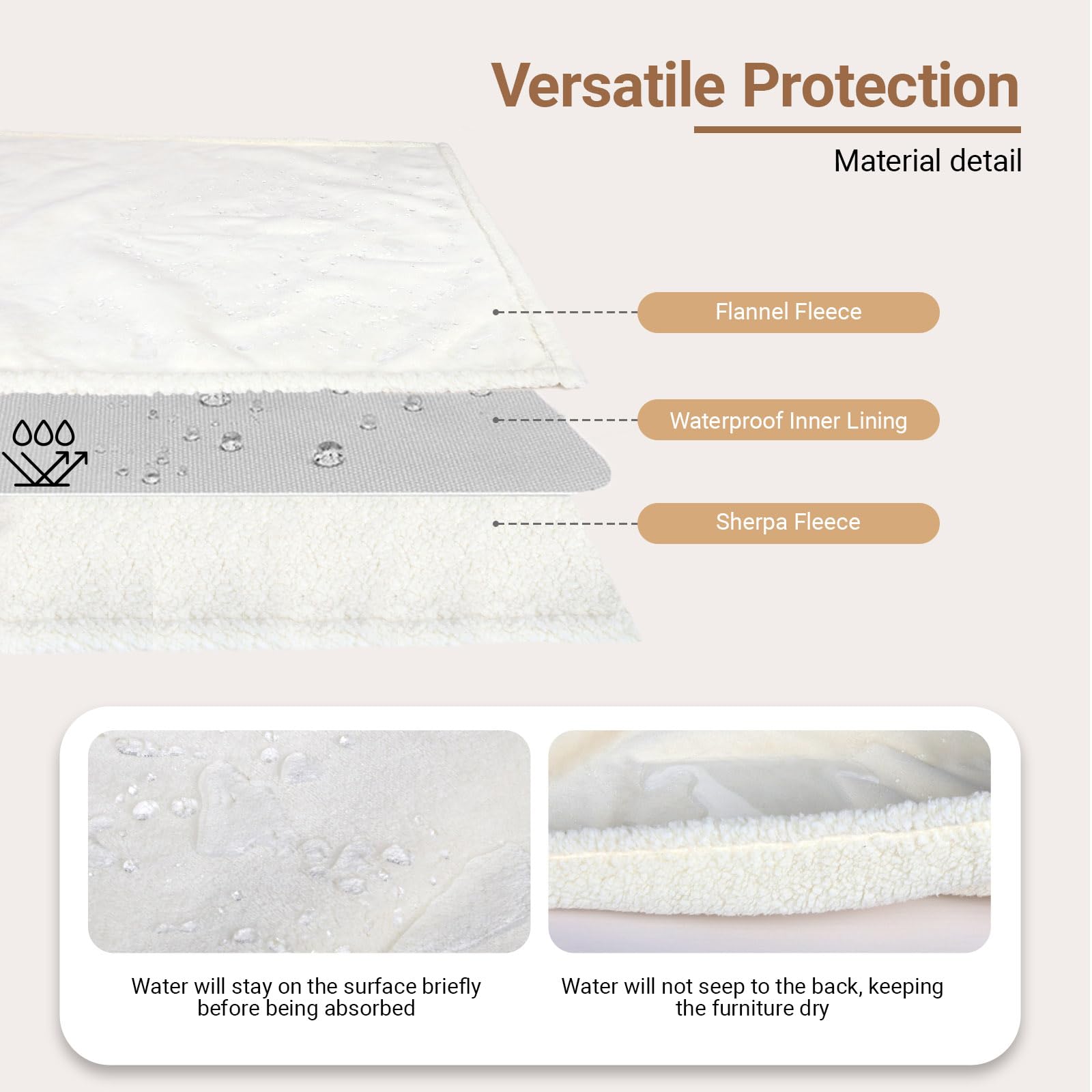 ZAKAPAWS Waterproof Dog Blanket for Large Dogs - Reversible Washable Pet Blanket, Soft Sherpa Fleece Furniture Protector, Cat Throw Bed Couch, Cream, 60"x80"