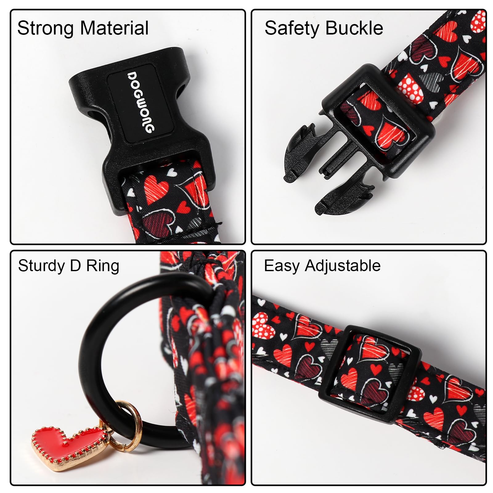 DOGWONG Valentine's Day Dog Collar, Red Heart Dog Collars Female or Male Adjustable Cotton Pet Collar with Quick Release Buckle for Small Medium Large Dogs,XS