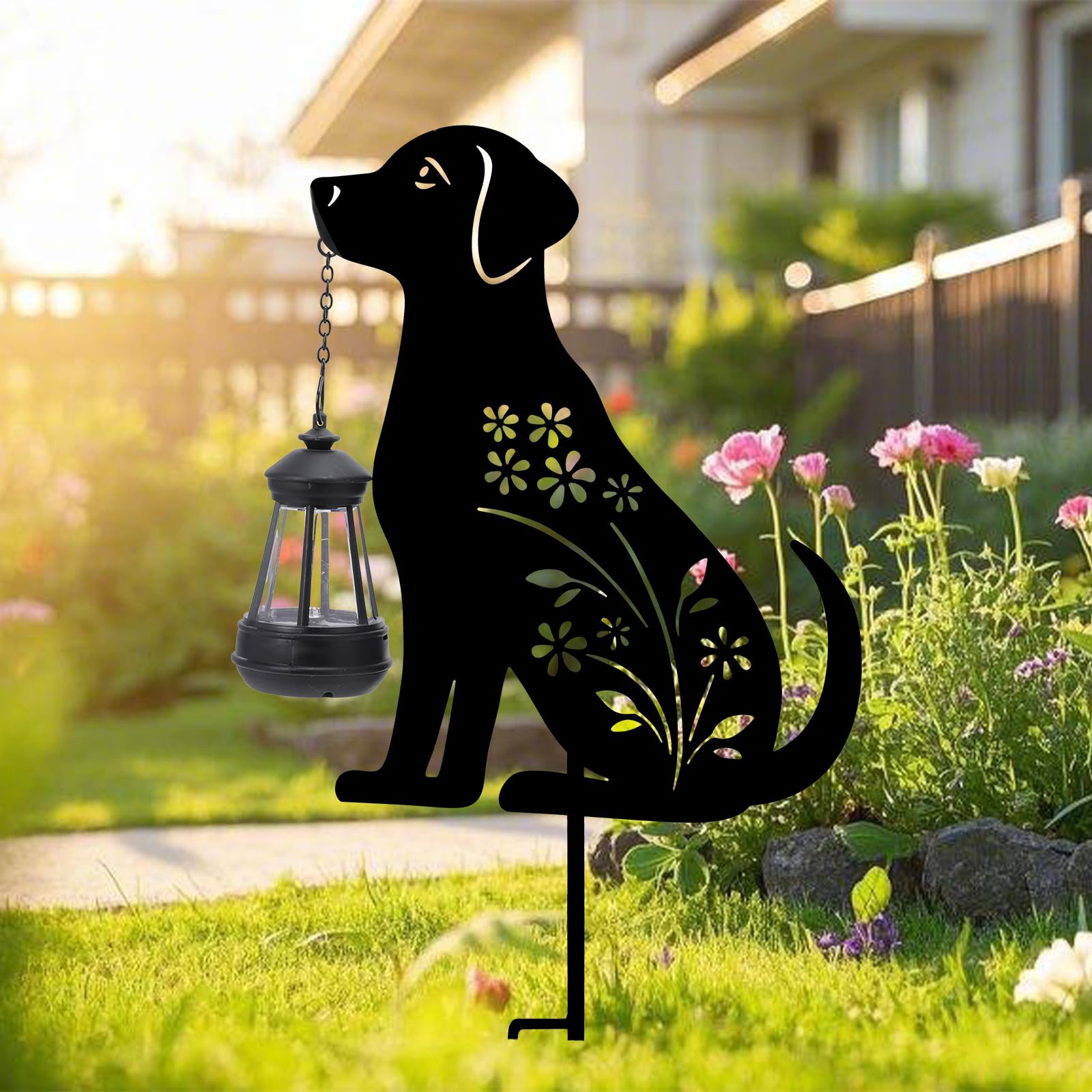 Solar Decorative Garden Light, Dog Outdoor Stake With Hanging Lantern
