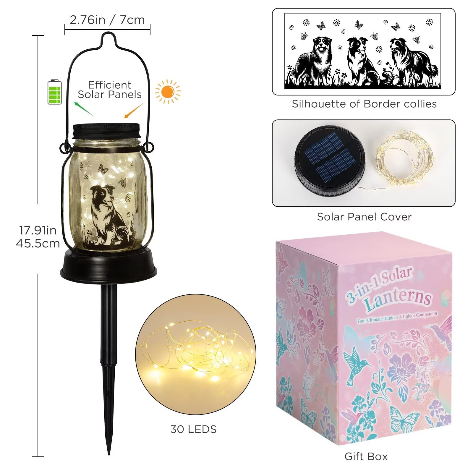 kyoryuger Border Collie Gifts for Women/Men Border Collie Solar Lanterns Dog Mom Birthday, Dog Lovers Lantern, Pet Loss Pet Memorial Lights, Solar Garden Decor Outside for Yard, Patio,Backyard,Porch