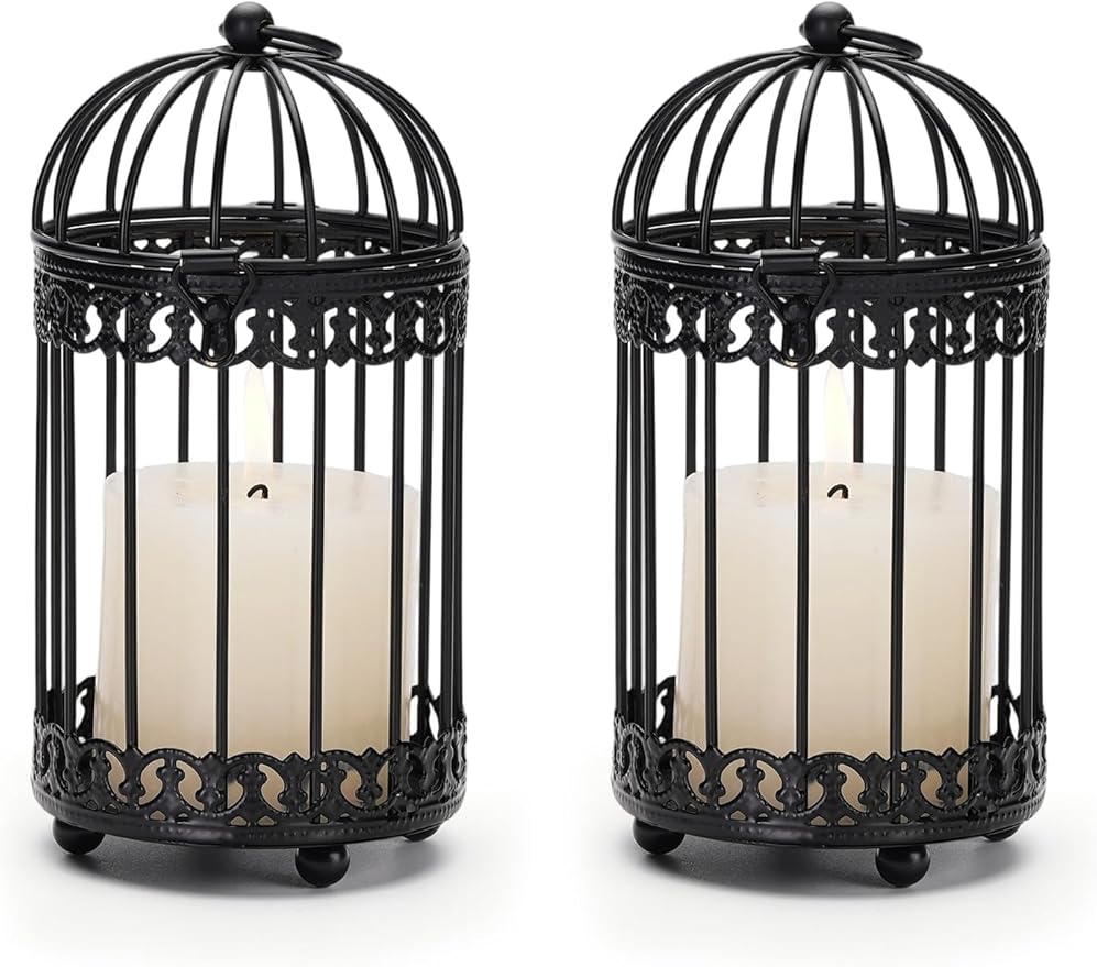 NUPTIO Decorative Candle Lanterns White, Distressed White Metal Bird Cage