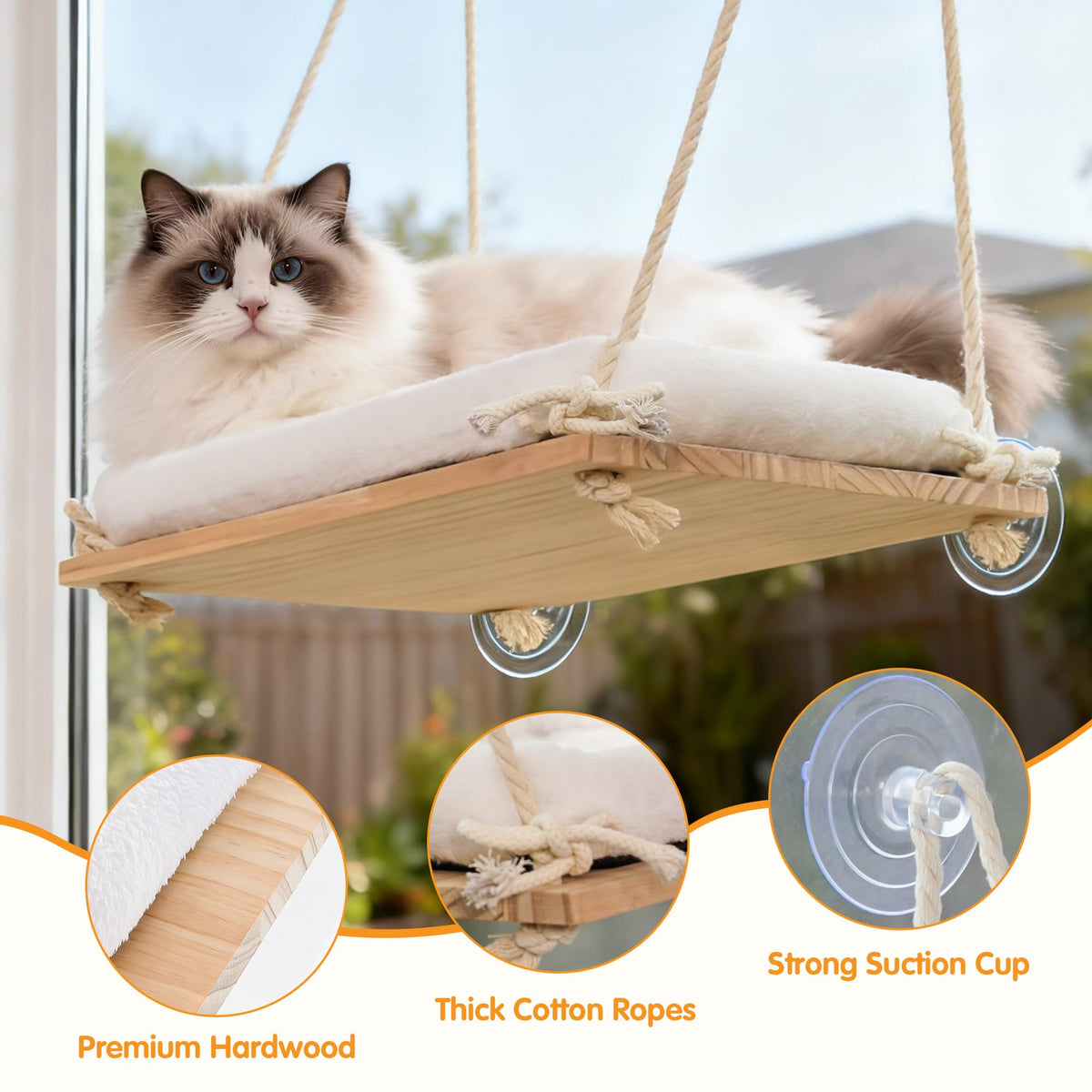 Anywish Cat Window Perch Hammock with Solid Wood Seat & Plush Cushion