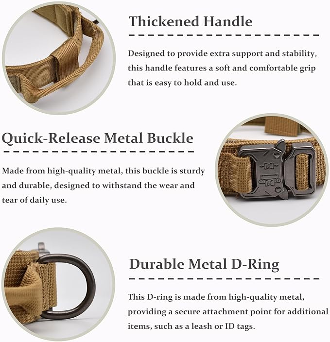 Tactical Dog Collar, Adjustable Military Training Nylon Dog Collar with Control Handle and Heavy Quick-Release Metal Buckle for Small Medium Large Dogs, Brown L