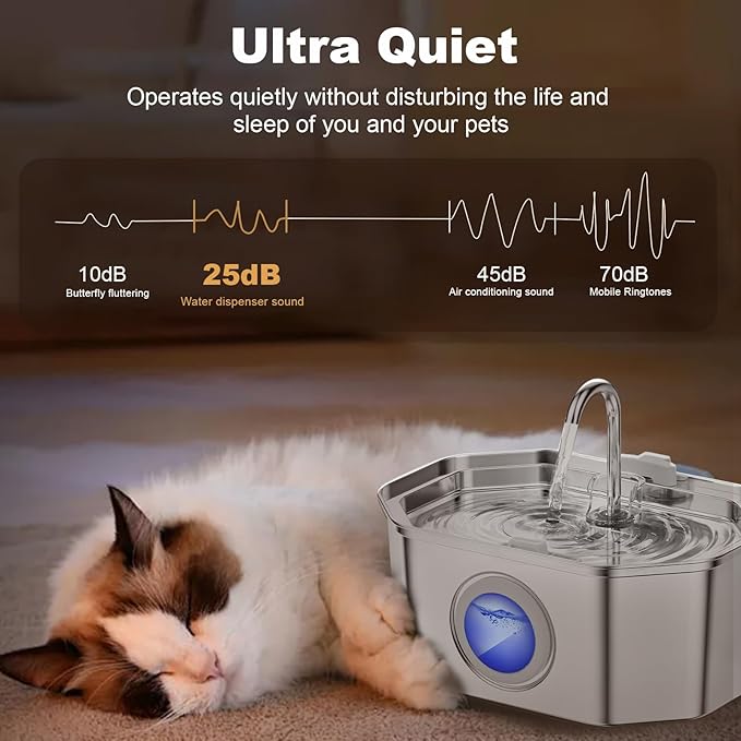 Cat Water Fountain, Apauk 108oz/3.2L Silent cat Water Fountain Stainless Steel, Cat Fountain, Automatic Pet Water Fountain,Dog Bowl, Controllable Blue Light - (2 Filters& 2 Sponges)