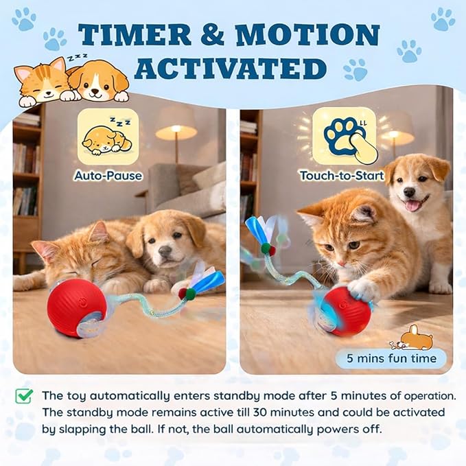 GlowPounce Interactive Cat Toys for Indoor Cats, Motion Activated Cat Toy Ball with Speedy Tail 2.0, Electric Cat Toy, Cat Toy Interactive, Smart Interactive Dog Toy Ball (Red/Green)