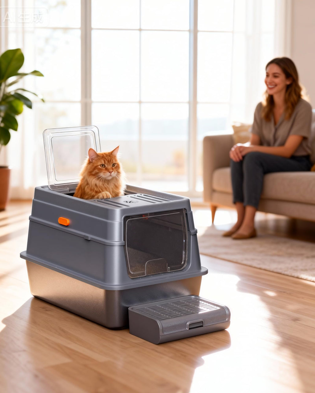 Powools Stainless Steel Enclosed Cat Litter Box, Elevated Step Box, Grey