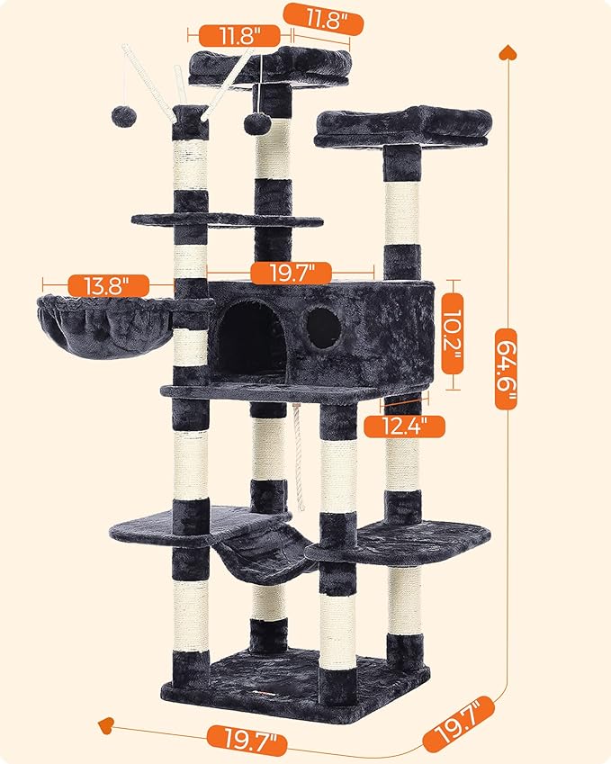 FEANDREA Cat Tree, Large Cat Tower, 64.6 Inches, Cat Activity Center with Hammock, Basket, Removable Fur Ball Sticks, Cat Condo, Smoky Gray UPCT087G01