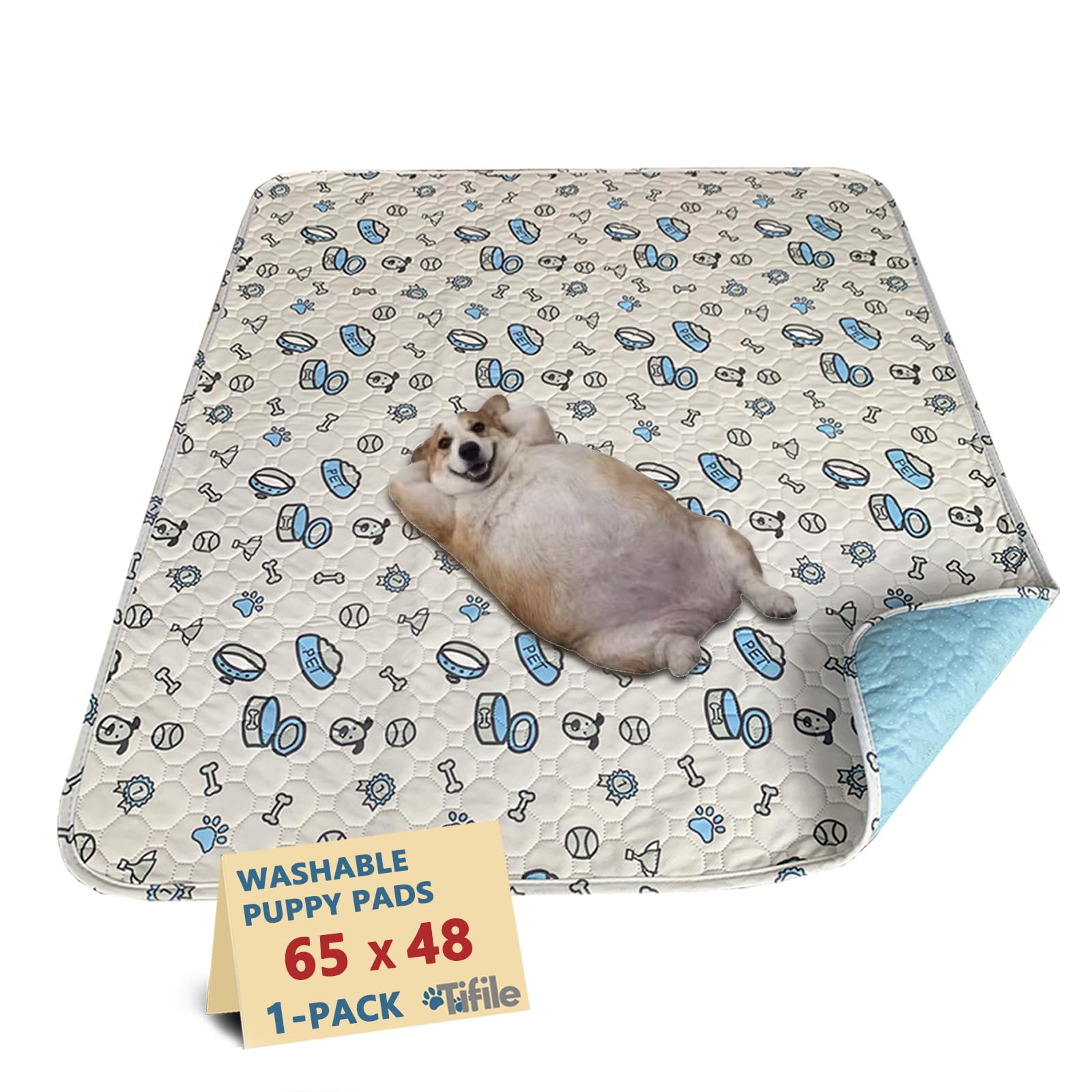 Washable Pee Pads for Dogs, 1 Pack Reusable Puppy Pad, Absorbent Whelping With Bone Print, Non-Slip Waterproof Pet Training for Couch, Crate, Potty Training - 65x48in