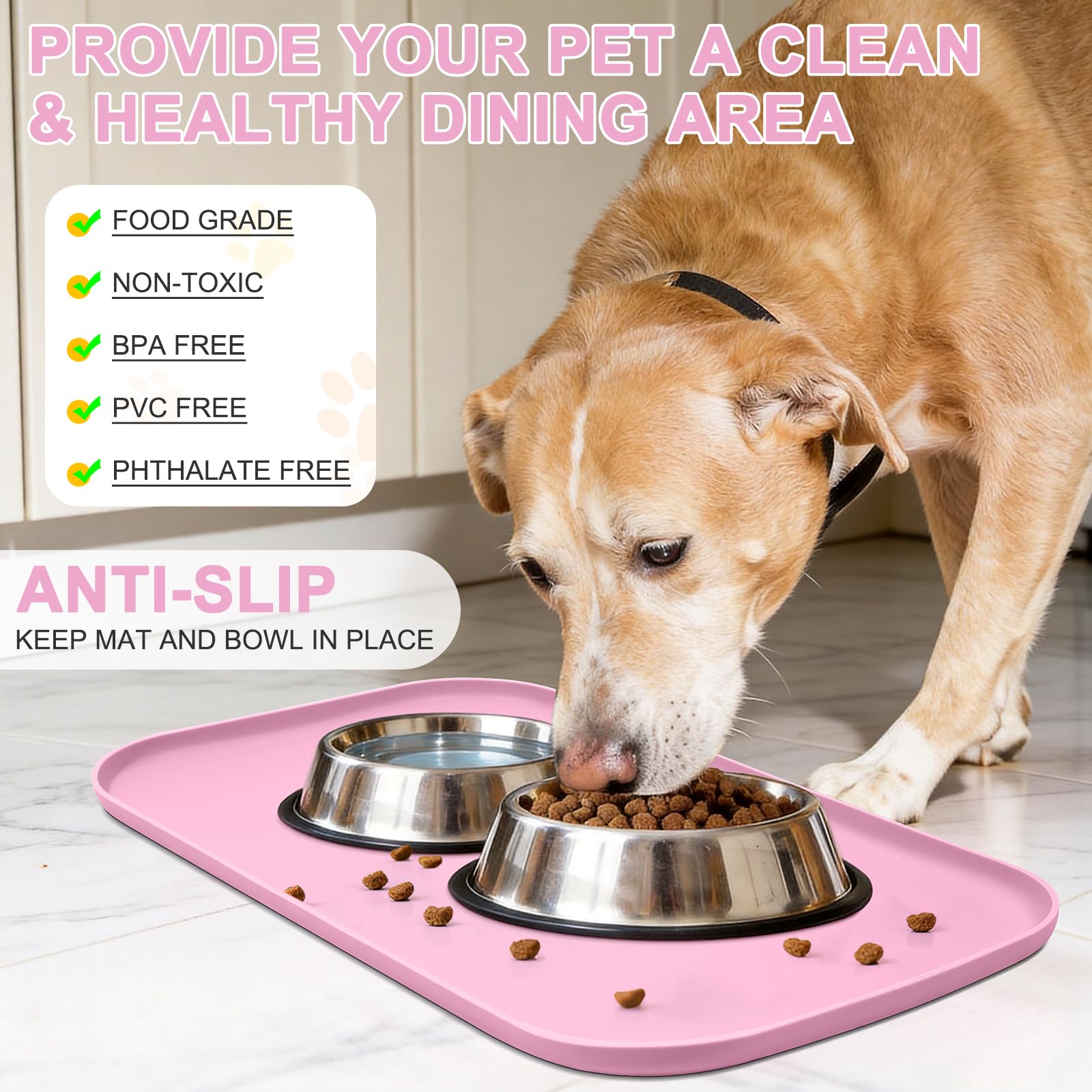SMILOOL Waterproof Silicone Pet Food Mat with Raised Edge for Dog & Cat