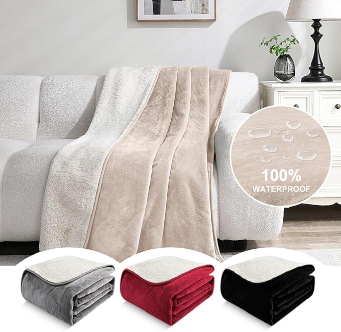 Yarelinza Waterproof Bed Blanket - Reversible Sherpa Throw with Leak-Resistant TPU Layer - 80x60 Stain Resistant, Machine Washable Bed Protector for Couch, Bed & Pets