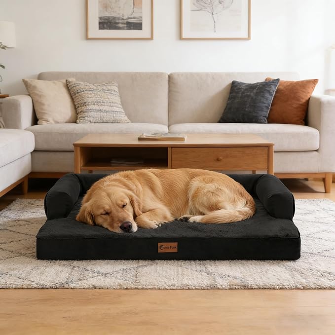 Orthopedic Dog Beds for Extra Large Dogs, Waterproof Egg Crate Foam XL Dog Bed with Sides 41x27Inch, Washable Big Dogs Couch Beds with Removable Cover and Nonskid Bottom, Black