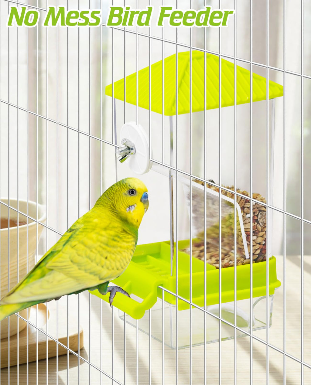 BNOSDM No Mess Automatic Bird Feeder Anti-Splash Bird Feeder Acrylic Transparent Food Container Parrot Cage Accessories for Parakeets Budgies Lovebirds Cockatoos Conures Finches (Green)