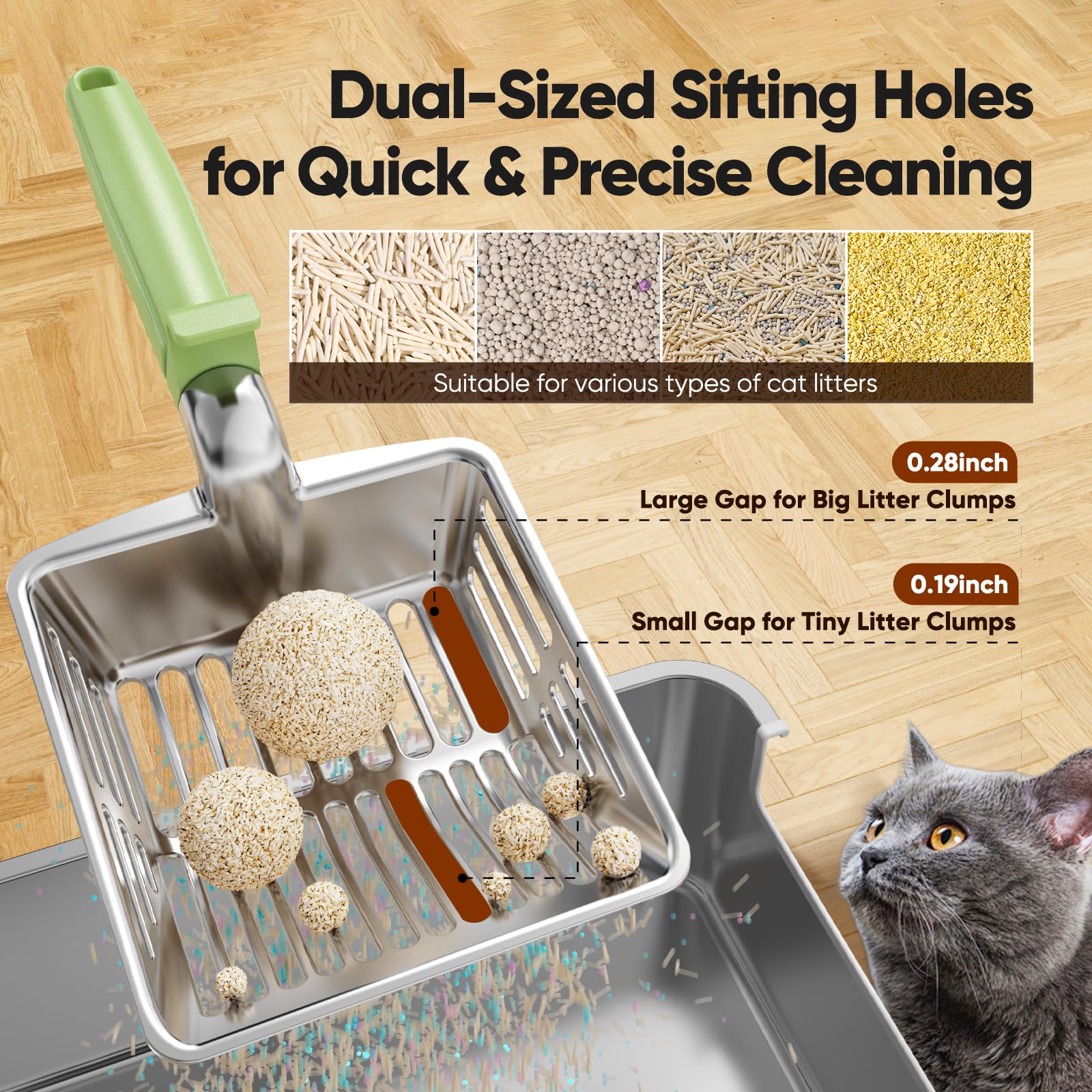 Large Metal Cat Litter Scoop w/ Deep Shovel, Dual-Size Holes & Hanging Hook